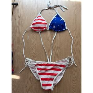 B24 New Womens AMI 1pc Patriotic American Flag Strappy Bikini Cheek Ruched Large